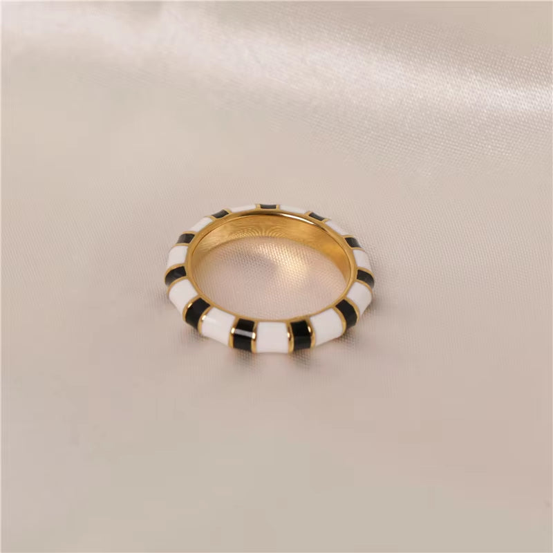 Joolim Jewelry 18K Gold Plated Black White Zebra Enamel Stainless Steel Rings for Women Tarnish Free