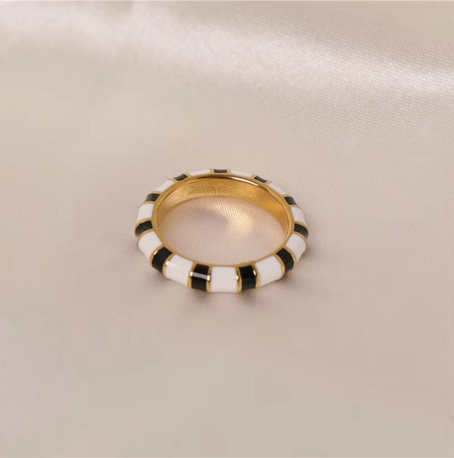 Joolim Jewelry 18K Gold Plated Black White Zebra Enamel Stainless Steel Rings for Women Tarnish Free