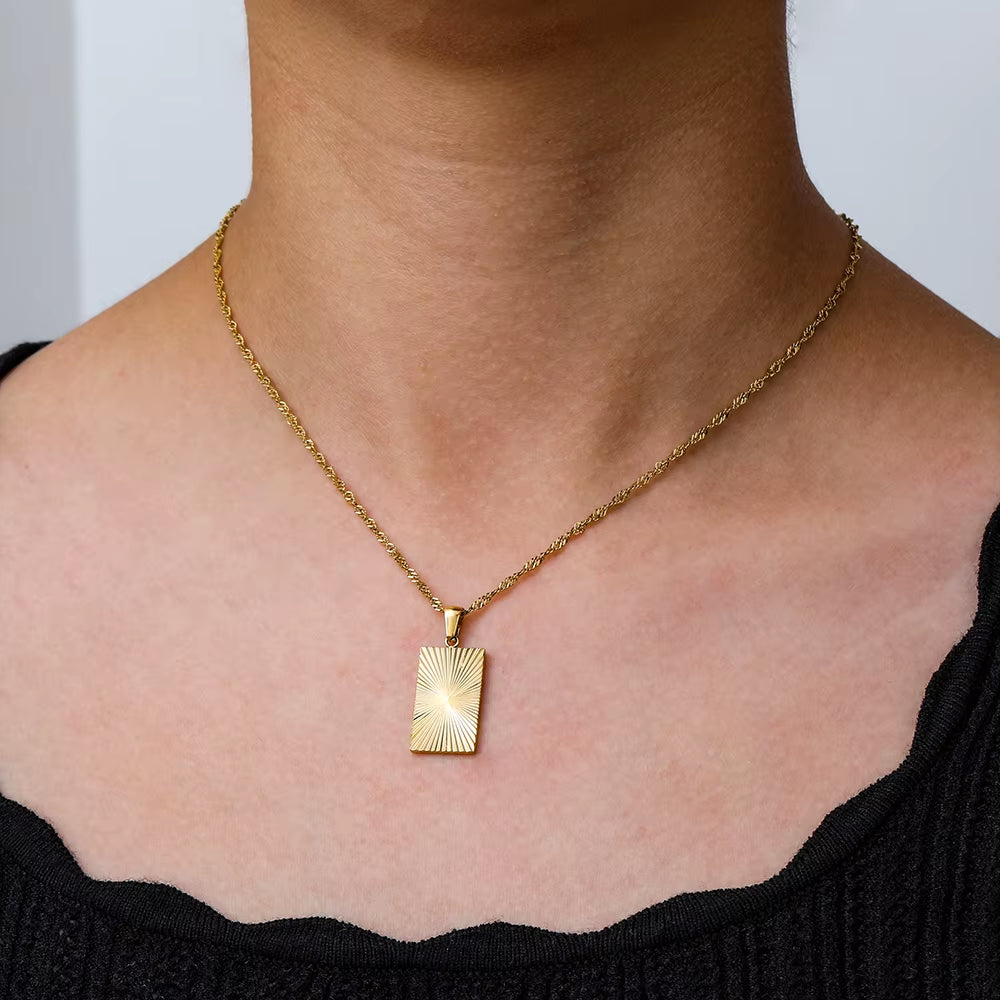 Joolim Jewelry Tarnish Free PVD Gold Plated Sunburst Rectangle Pendant Necklace Trendy Necklace Wholesale