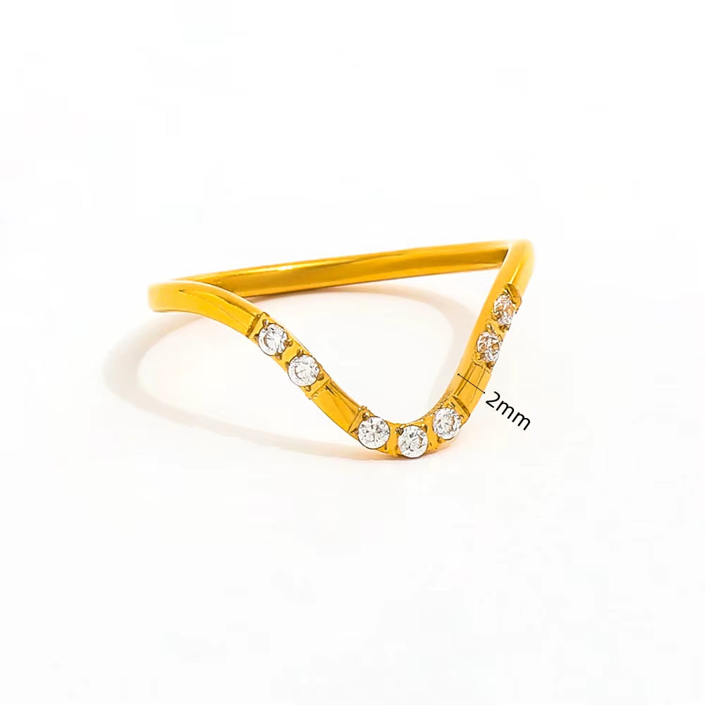 Joolim Jewelry Wholesale 18K Gold Plated Dainty 8 Zirconia CNC Inlay Waved Lines Stainless Steel Ring for Women Gift