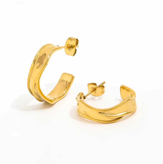 JOOLIM High End 18K Gold Plated Band C Wrinkle Chunky Hoop Earring Jewelry Stainless Steel for Women
