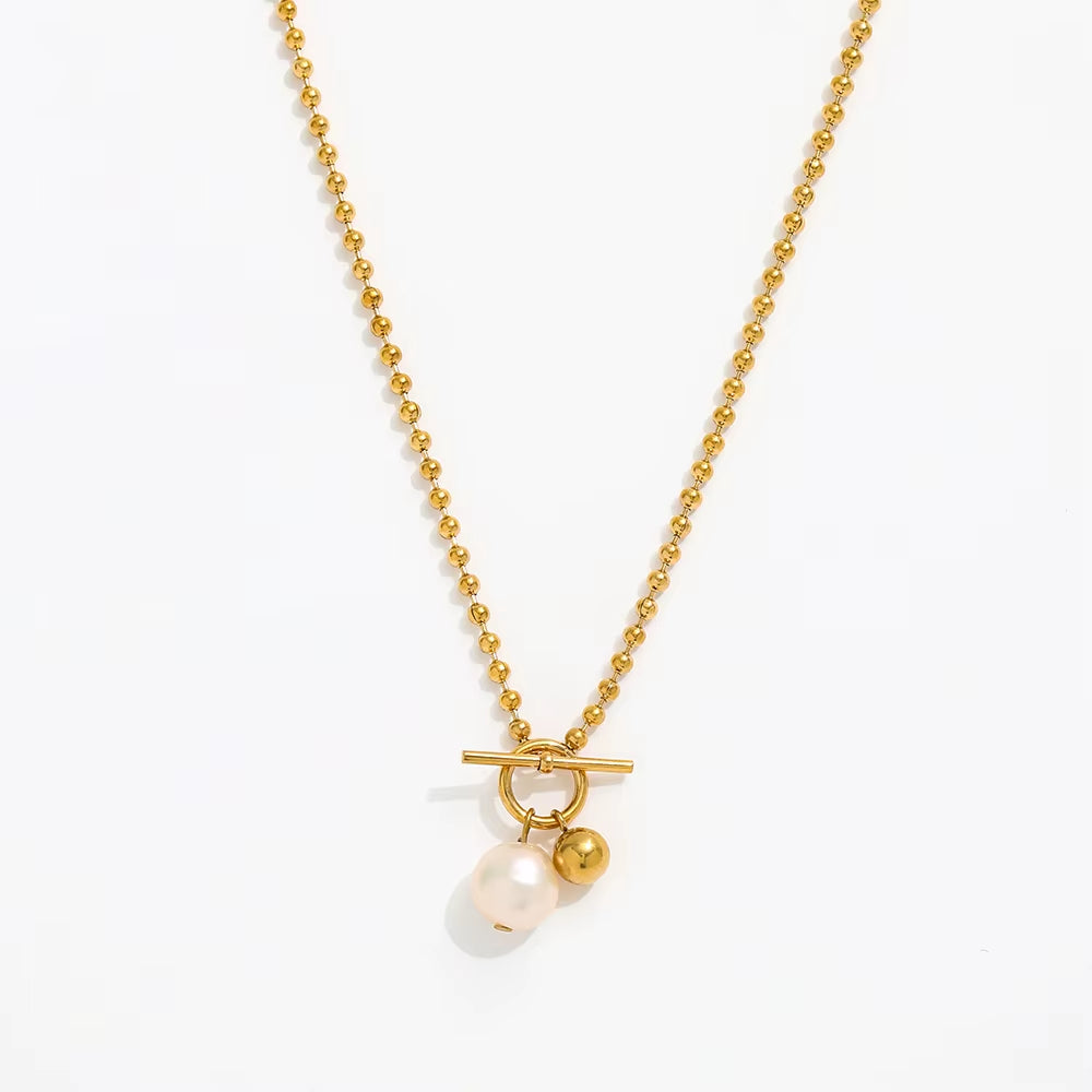 Joolim Jewelry 18K Gold Plated Fresh Water Pearl Pendant Toggle Bead Chain Necklace Stainless Steel Jewelry