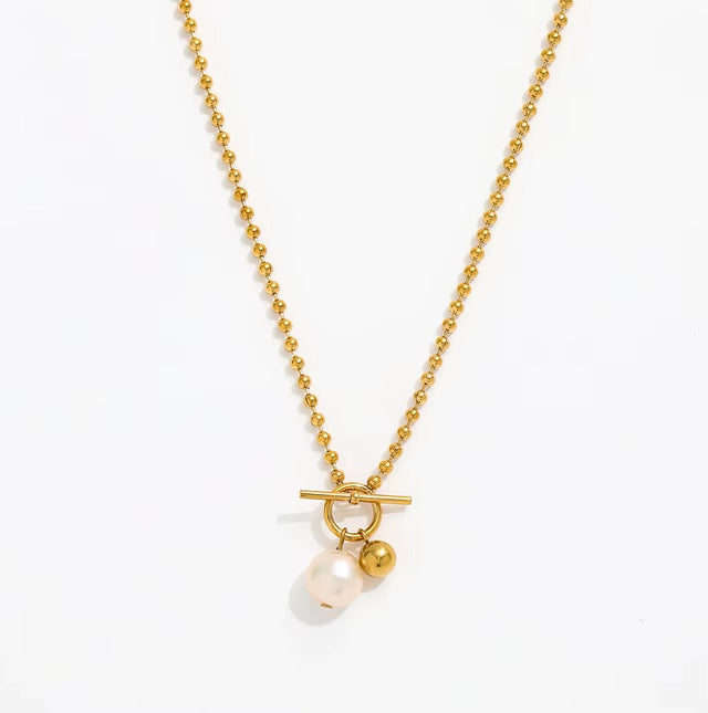 Joolim Jewelry 18K Gold Plated Fresh Water Pearl Pendant Toggle Bead Chain Necklace Stainless Steel Jewelry