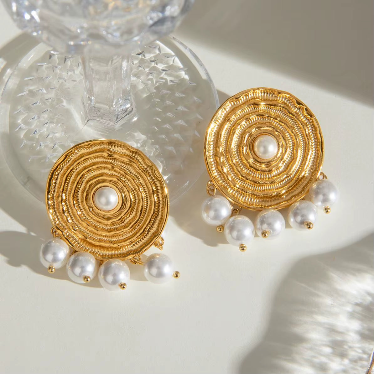 18K Gold Stainless Steel Faux Pearl round Textured Design Hoop Earrings Inspired by Classic Elegance
