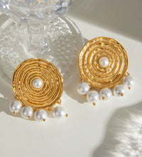 18K Gold Stainless Steel Faux Pearl round Textured Design Hoop Earrings Inspired by Classic Elegance