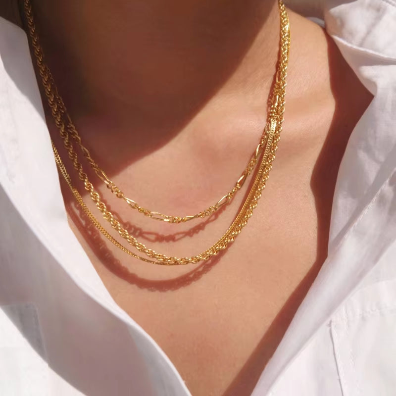 Joolim Jewelry Gold Plated Figaro Chain Rope Chain Snake Chain Three Layer Necklace Stainless Steel Jewelry Wholesale