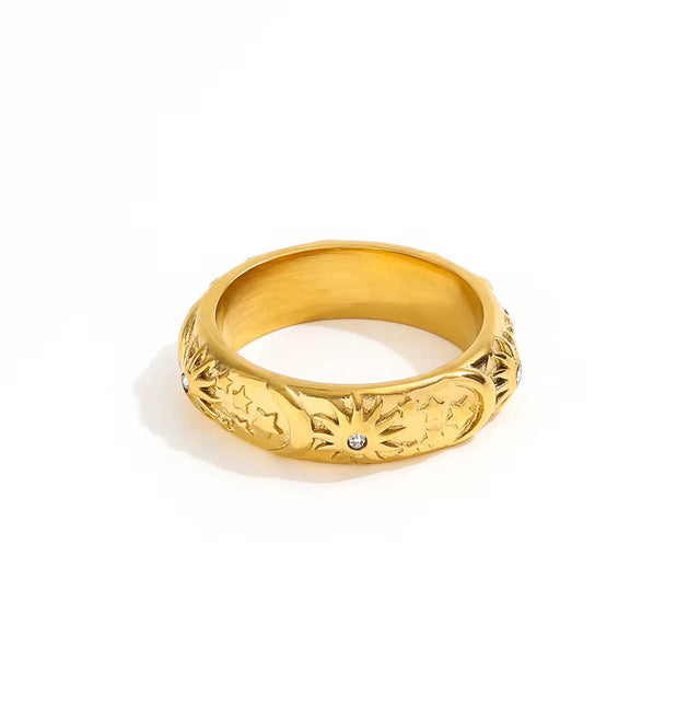 Joolim JLR0131 High-End 18K Gold Plated Cubic Zirconia Stainless Steel Rings Antique Vintage Retro Style Moon Star Trendy