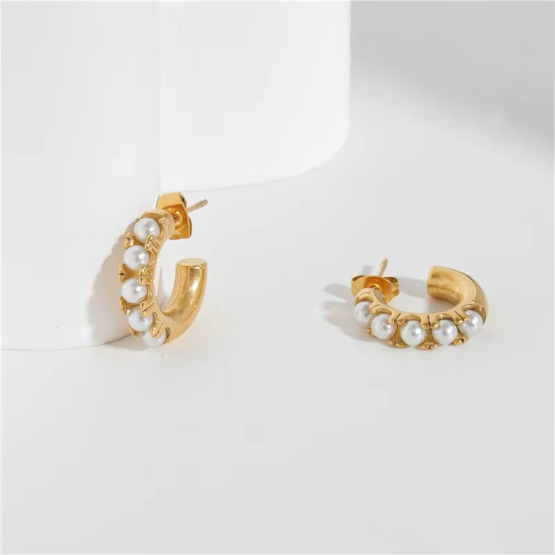 New Trendy Earring 18K Gold Plated Basic Pearl Hoop Earrings for Women Stainless Steel Fashion Jewelry Wholesale