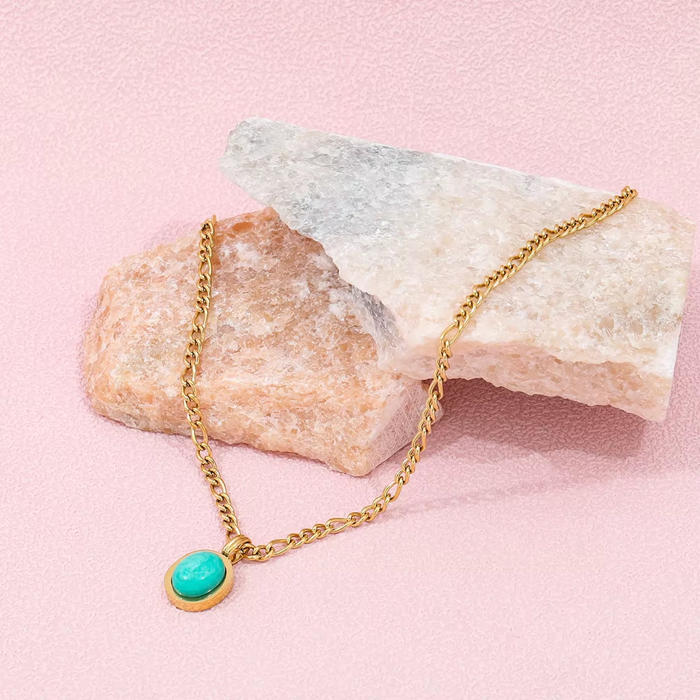 Joolim Jewelry 18K Gold Plated Blue Natural Stone Pendant Necklace Figaro Chain Necklace Trendy Stainless Steel