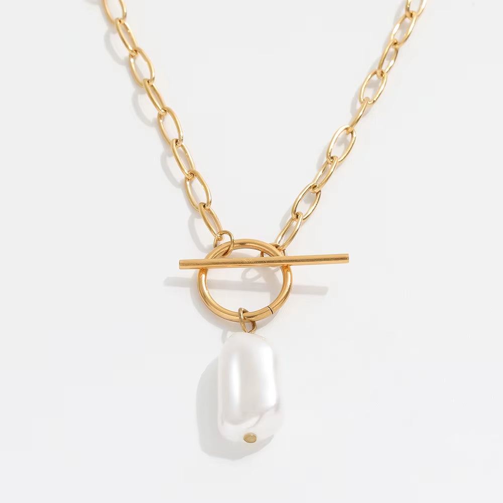 Joolim Jewelry 18K Gold Plated Shell Baroque Pearl Pendant Toggle Clavicle Necklace Stainless Steel Jewelry