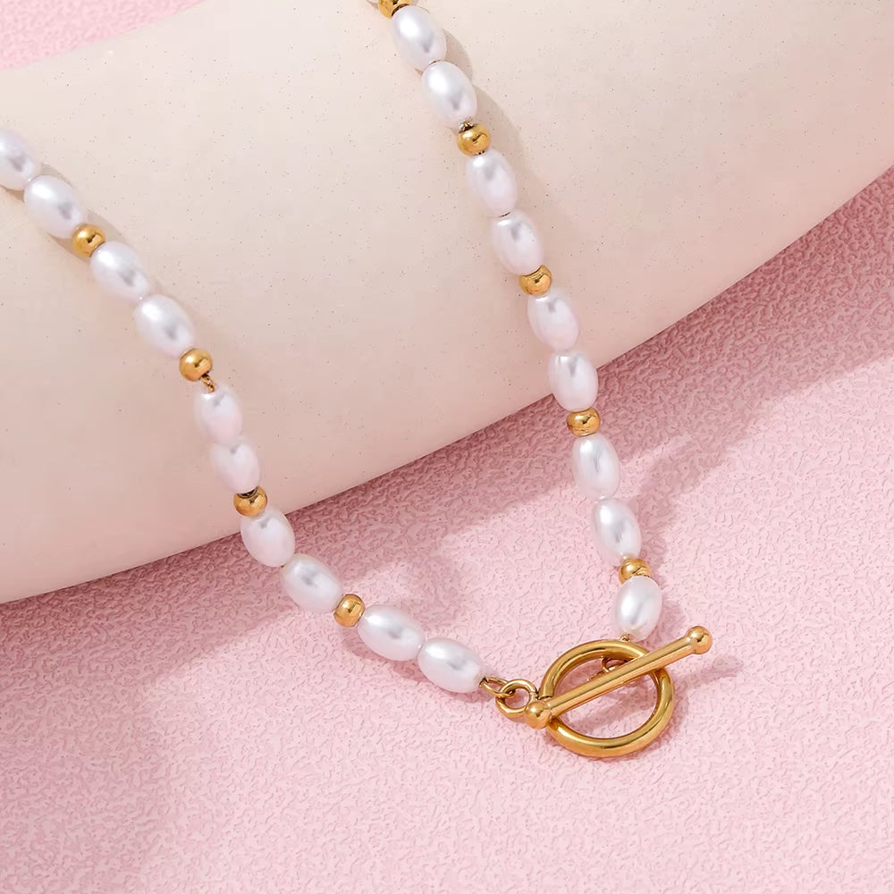 Joolim 18K Gold Plated Stainless Steel Pearl String Toggle Necklace Jewelry Wholesale Tarnish Free & Waterproof