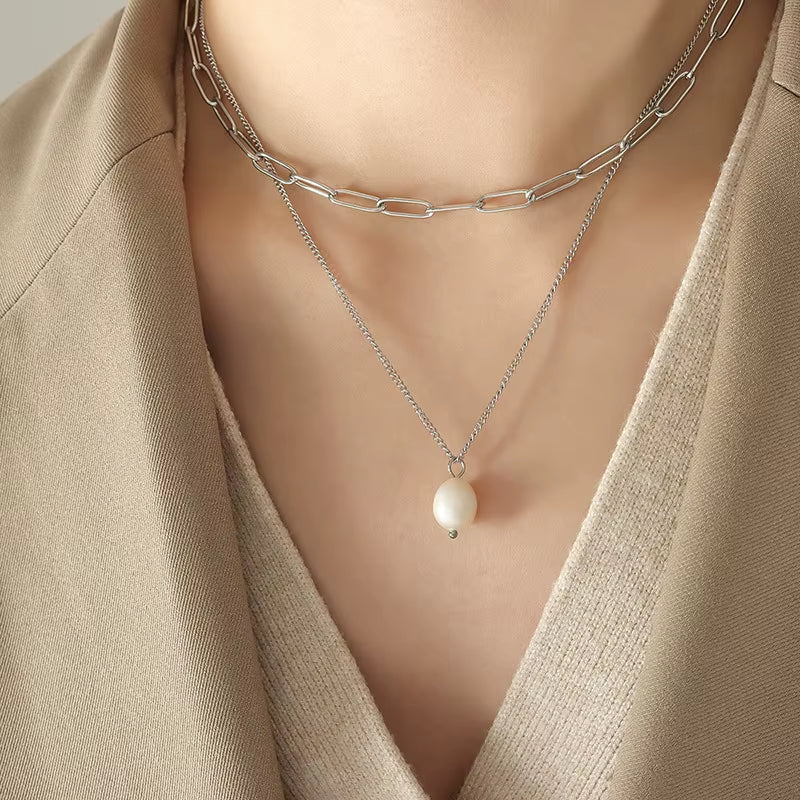 JOOLIM Ready to Ship High End 18K Gold Plated Stainless Steel Single Fresh Water Pearl Pendant Double-Layer Chain Necklace