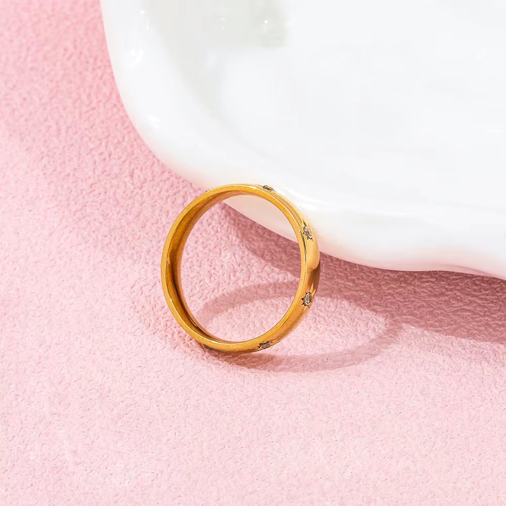 High End 18K Plain Gold Star Zircon Surround Dainty Ring Stainless Steel Trendy Simple Gold Plated Jewelry