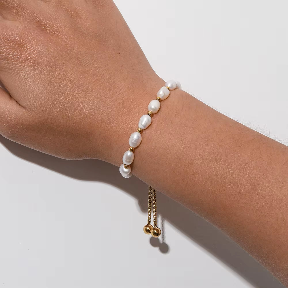 Adjustable 18K PVD Gold Plated Real Fresh Water Pearl Bracelet Stylish Geometric Stainless Steel Gift