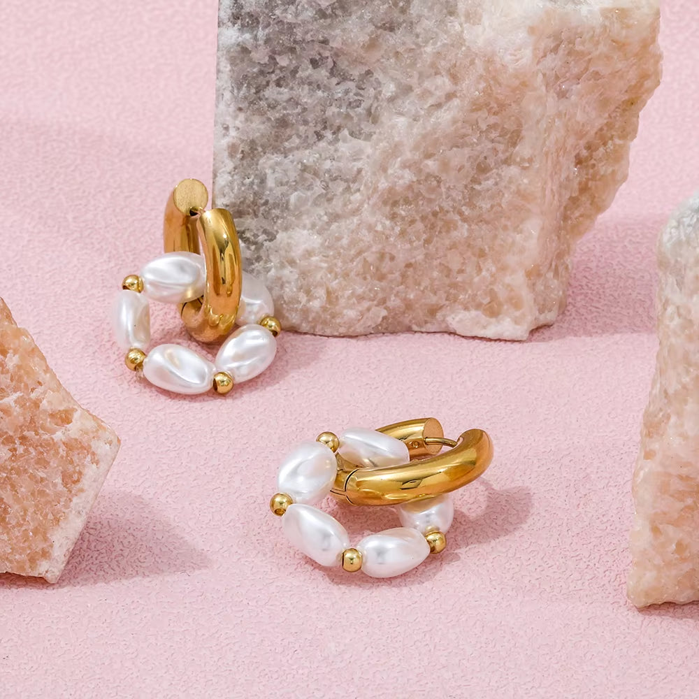 High End PVD 18K Gold Plated Waterproof Pearl String Pendant Chunky Huggie Earrings Stainless Steel Jewelry Wholesale