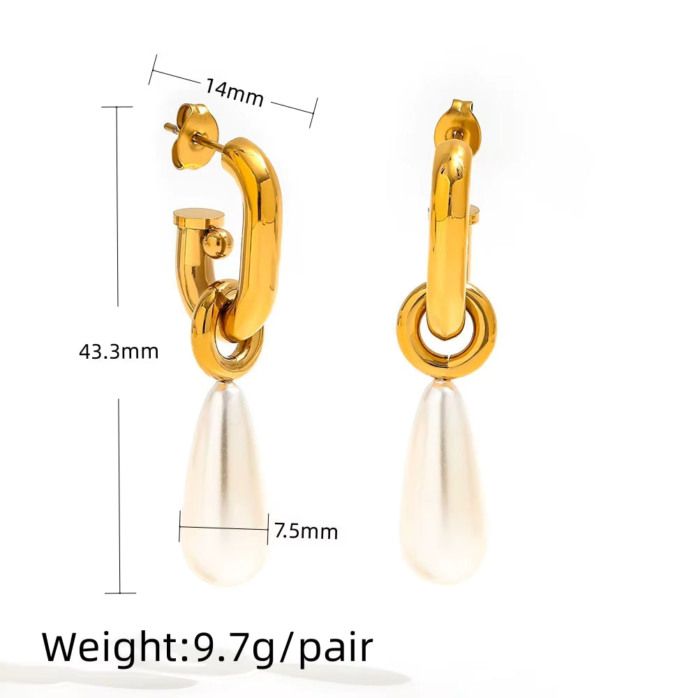 Joolim 18K Gold Plated Wholesale No Fade Elegant Detachable Teardrop round Pearl Hoop Earring Stainless Steel Jewelry