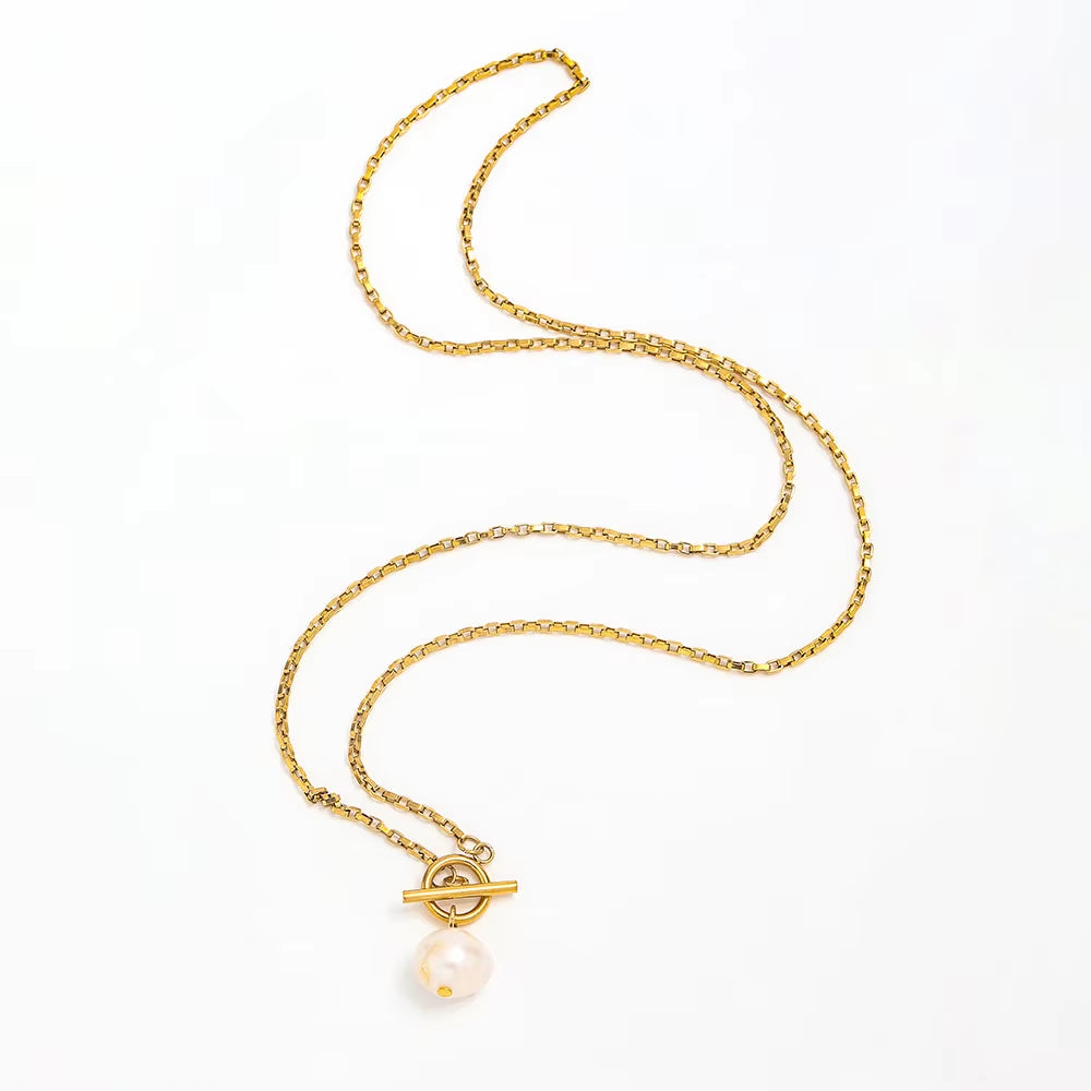 Joolim Jewelry 18K Gold Plated Fresh Water Pearl Pendant Toggle Chain Necklace Stainless Steel Jewelry