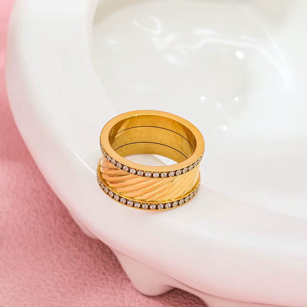 Joolim Jewelry Wholesale High End PVD No Fade Fashion Chunky Double Layer Zirconia Band Stainless Steel Ring for Women