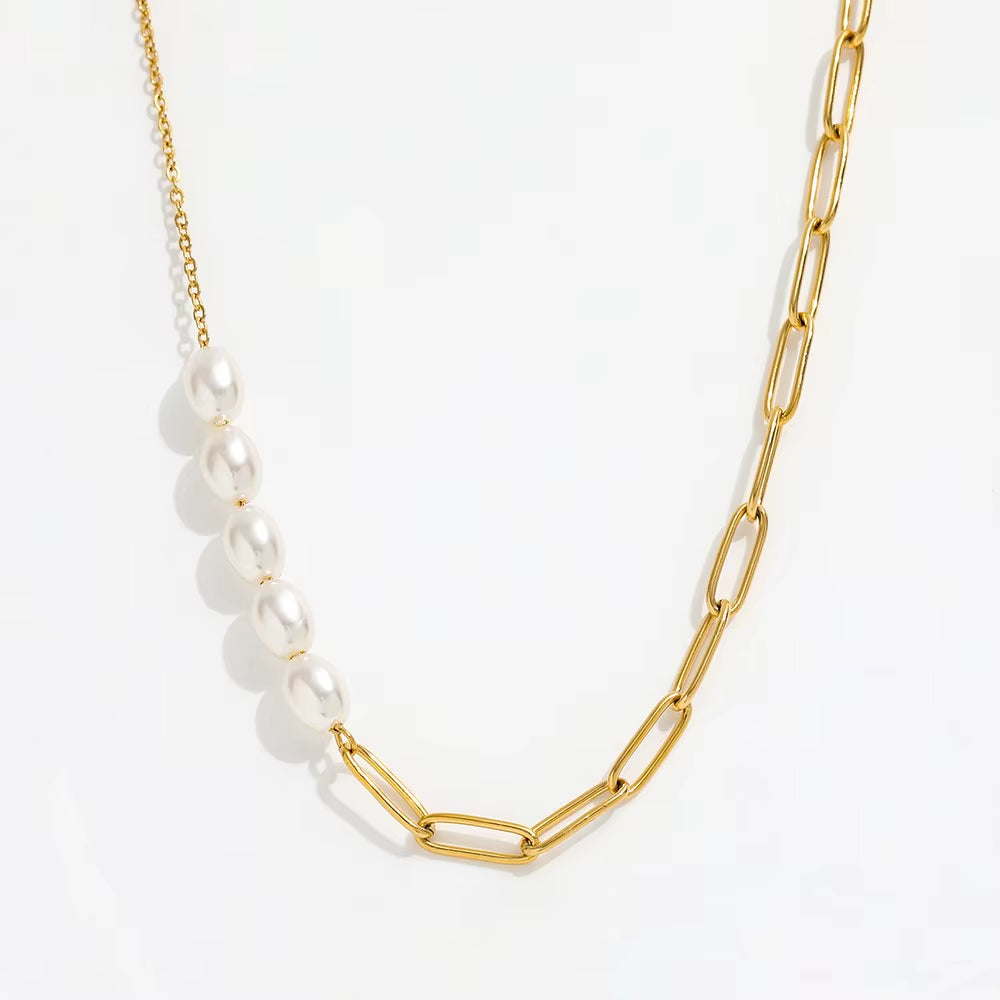 High End 18K Gold Plated Jewelry Wholesale Pearl Paper Pin Mixed Chain Necklace Asymmetric Stainless Steel Fashion Jewelry