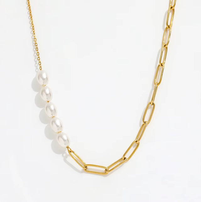 High End 18K Gold Plated Jewelry Wholesale Pearl Paper Pin Mixed Chain Necklace Asymmetric Stainless Steel Fashion Jewelry