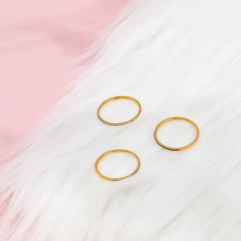 Joolim Jewelry CNC Inlay Dainty Crystal Half Pave Stainless Steel Rings for Women Green Black Clear CZ Rings Fashion Jewelry