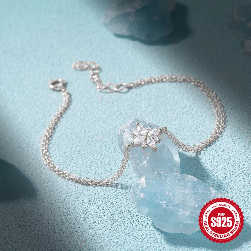 925 Sterling Silver Snowflake Zirconia Pendant Bracelet Fashion Jewelry Gift for Women