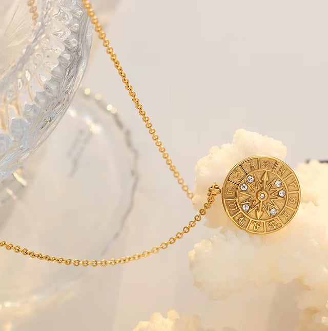 JOOLIM High End Stainless Steel Zirconia Zodiac Pointer Coin Pendant Necklace 18K Gold Plated Jewelry Wholesale