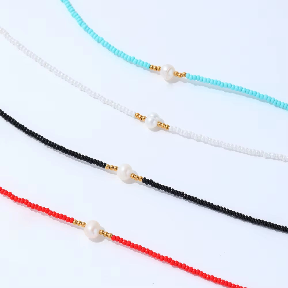 JOOLIM High End Stainless Steel Bohemia Style Turquoise Red Black White Small Seed Bead Pearl Choker Necklace Stainless Steel