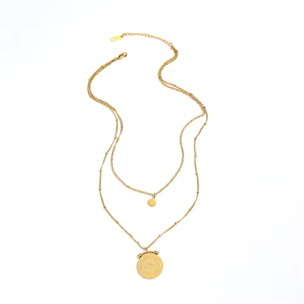 Joolim Jewelry Gold Plated Stainless Steel Layered Coin Pendant Necklace Trendy Necklace Wholesale