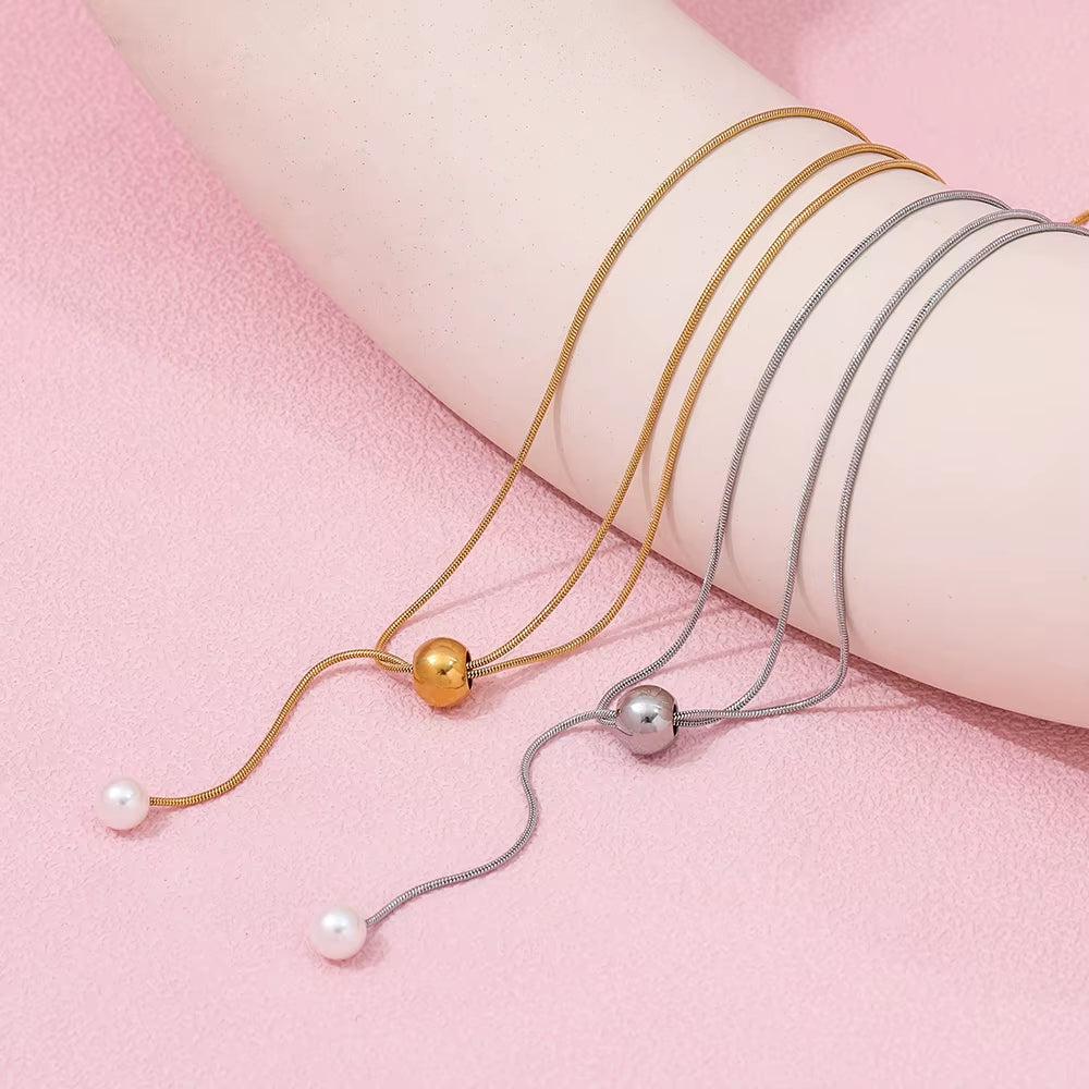 Joolim Snake Chain Pull-Out Type Adjustable Pearl Pendant Necklace Stainless Steel Lariat Necklace Jewelry Wholesale Drop Shippi