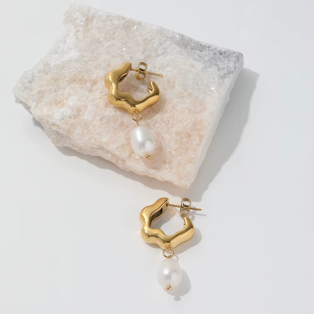 JOOLIM Jewelry PVD 18K Gold Plated Tarnish Free Flower Shape Freshwater Natural Pearl Drop Earring Stainless Steel Jewelry