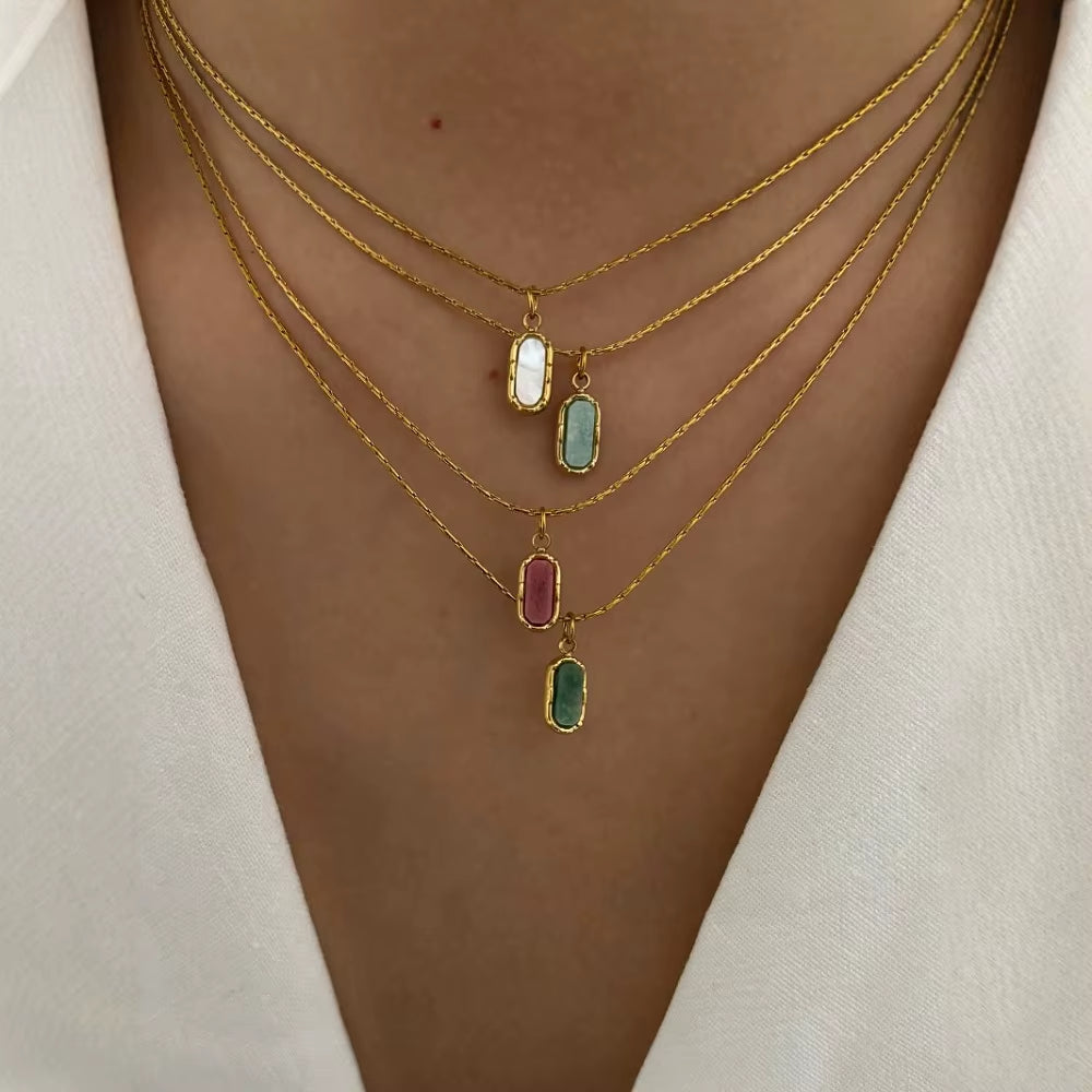JOOLIM High End Stainless Steel Oval Colorful Natrual Stone Pendant Necklace 18K Gold Plated Jewelry Wholesale