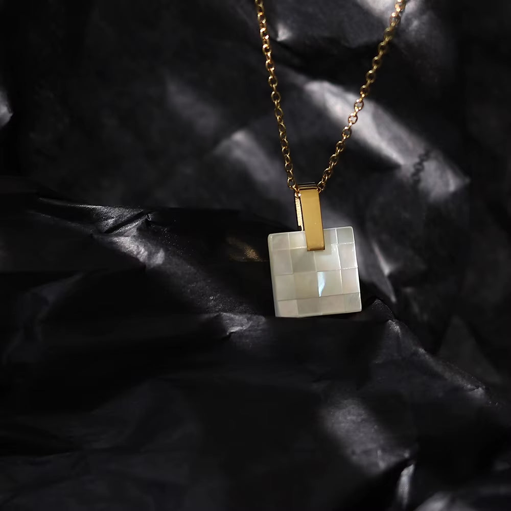 Joolim Jewelry 18K Gold Plated Mosaic Checkered Shell Square Pendant Necklace Stainless Steel Jewelry Wholesale Tarnish Free