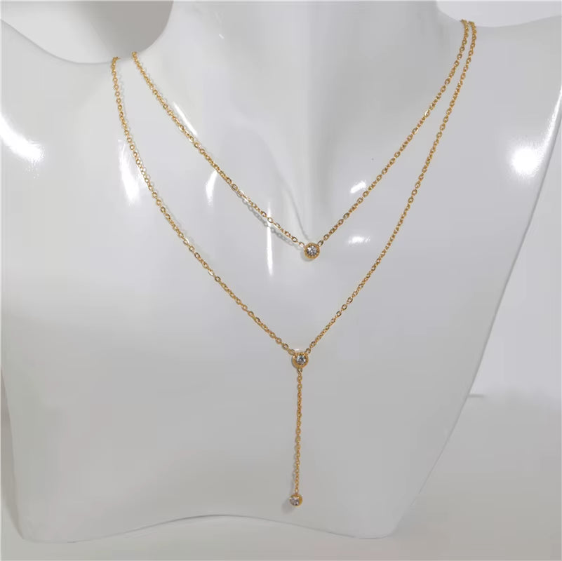 Joolim Jewelry Necklace 18K Gold Plated Dainty Elegant Cubic Zirconia Y Stainless Steel Layered Multi Layer Lariat Necklaces