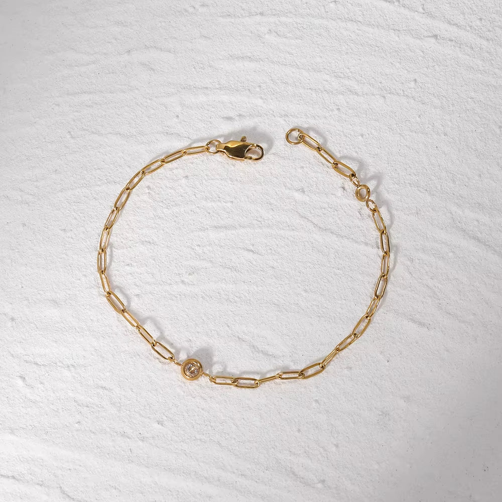 18K PVD Gold Plated Waterproof Stainless Steel Paper Clip Chain round Zirconia Bracelet for Women Wholesale Jewelry