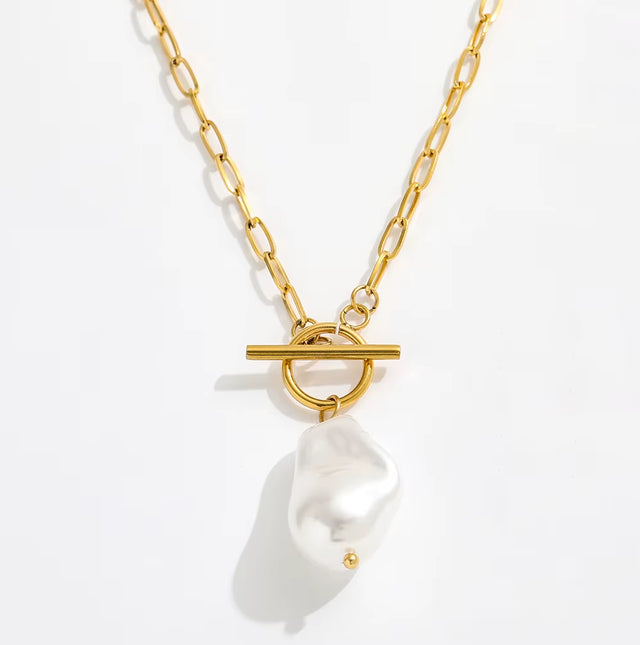 Joolim Jewelry 18K Gold Plated Shell Baroque Pearl Pendant Toggle Paper Pin Necklace Stainless Steel Jewelry