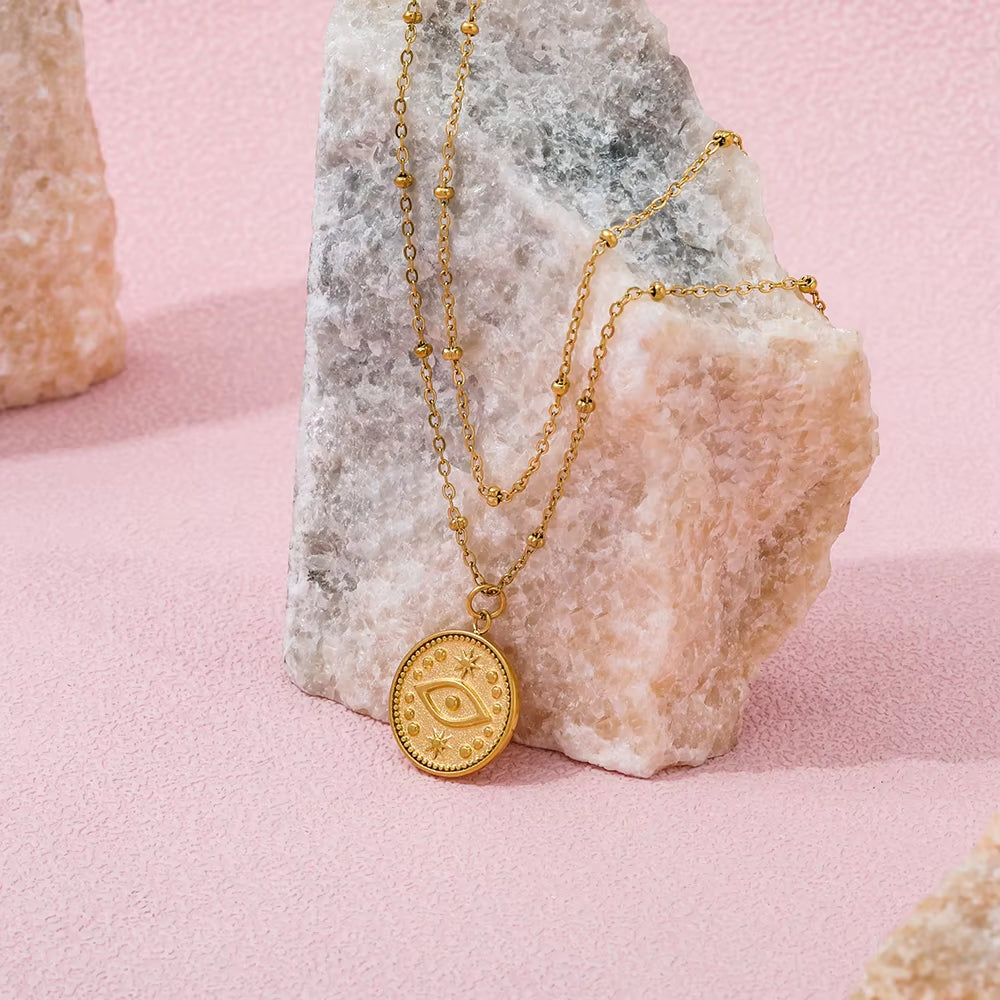 Joolim Jewelry 18K Gold Plated 2 Rows Eye Pendant Necklace Multi Layer Necklace Trendy Jewelry