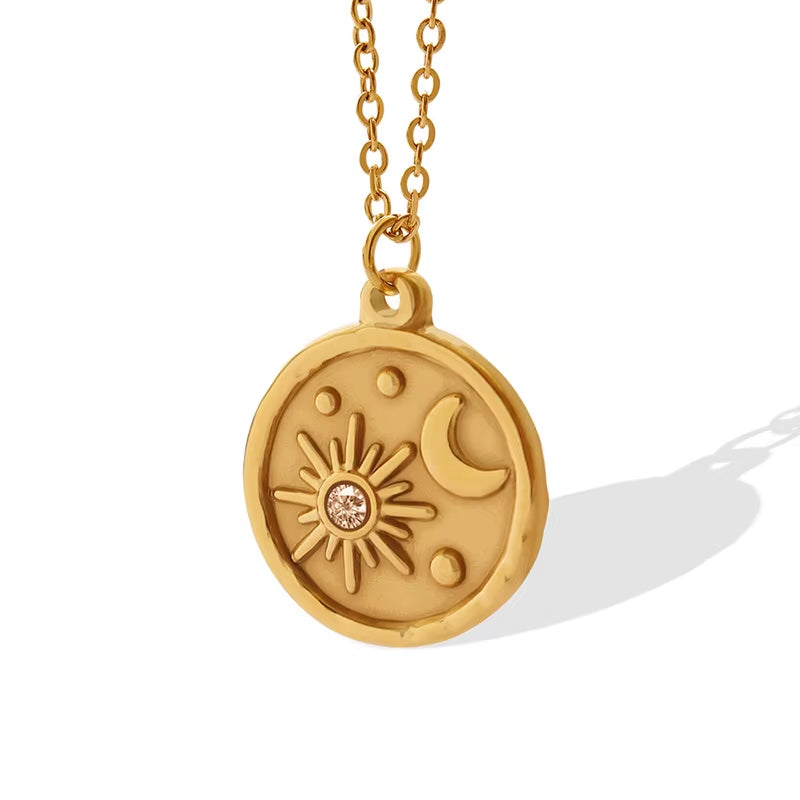 Joolim Jewelry 18K Gold Plated Sun Burst Moon Zirconia Coin Pendant O-Shape Chain Stainless Steel Necklace for Women