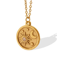 Joolim Jewelry 18K Gold Plated Sun Burst Moon Zirconia Coin Pendant O-Shape Chain Stainless Steel Necklace for Women