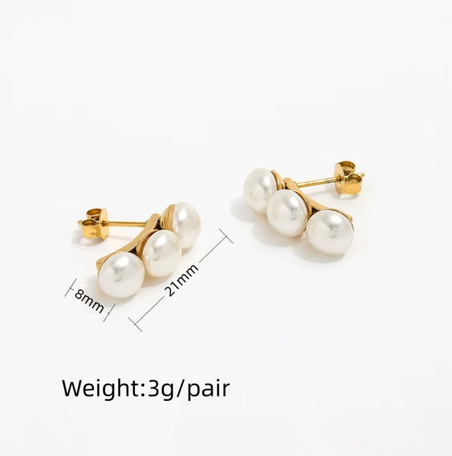 Trendy High Quality PVD 18K Gold Plated 3 Pearl Stud Earrings Stainless Steel Fashion Earring Wholesale