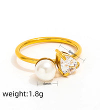 Trendy Fashion Ring with Water Drop Zircon Imitation Pearl 18K Gold Plated High End Stainless Steel for Gift