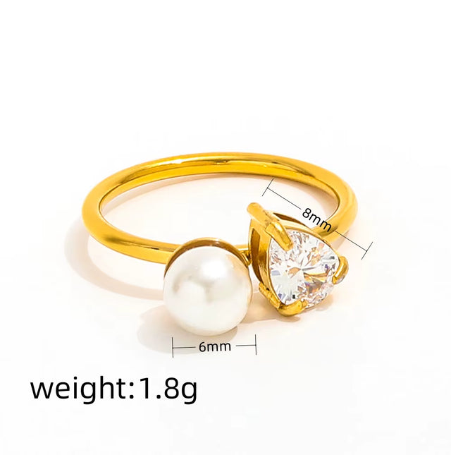 Trendy Fashion Ring with Water Drop Zircon Imitation Pearl 18K Gold Plated High End Stainless Steel for Gift