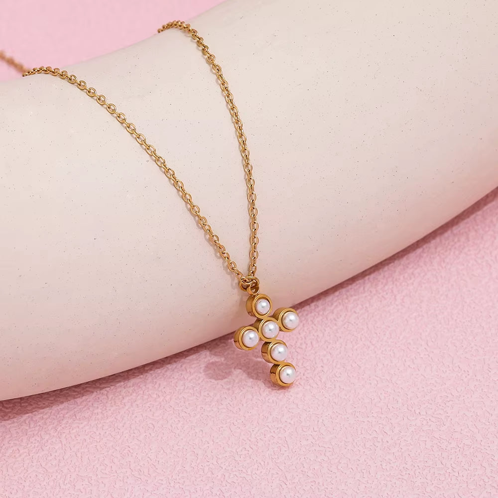 Joolim Jewelry 18K Gold Plated Imitation Pearl Cross Pendant Choker Necklace Sweater Necklace Stainless Steel Jewelry Wholesale