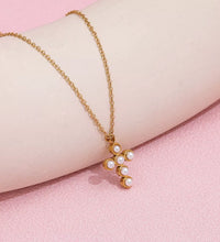 Joolim Jewelry 18K Gold Plated Imitation Pearl Cross Pendant Choker Necklace Sweater Necklace Stainless Steel Jewelry Wholesale