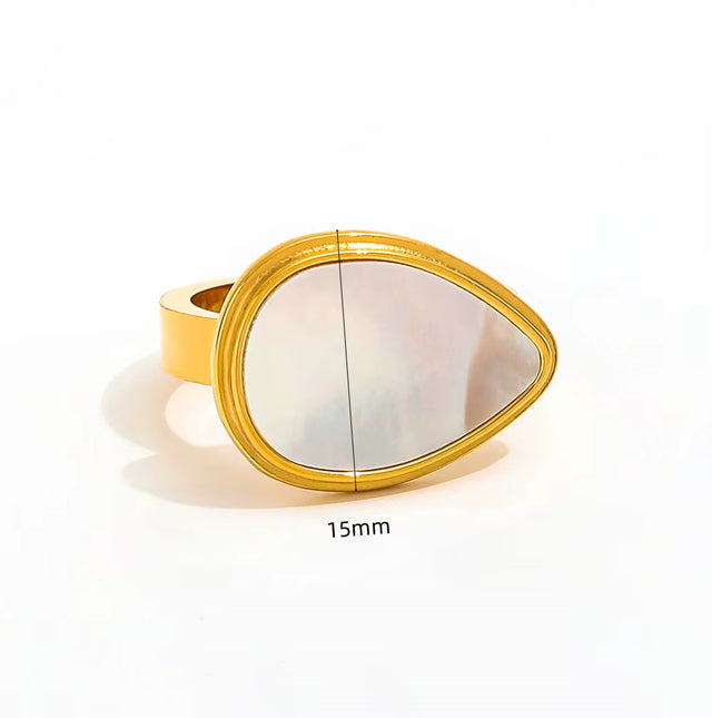 18K PVD Gold Plated White Big Shell Waterdrop Stainless Steel Stamp Ring Trendy Jewelry Wholesale Gift
