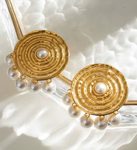18K Gold Stainless Steel Faux Pearl round Textured Design Hoop Earrings Inspired by Classic Elegance