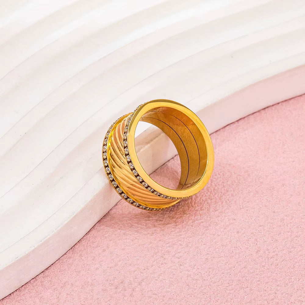 Joolim Jewelry Wholesale High End PVD No Fade Fashion Chunky Double Layer Zirconia Band Stainless Steel Ring for Women