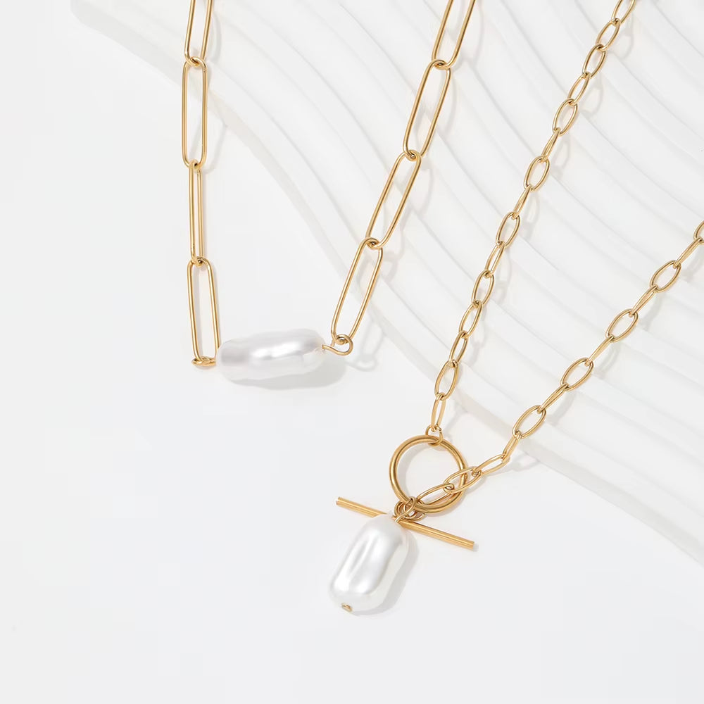 Joolim Jewelry 18K Gold Plated Shell Baroque Pearl Pendant Toggle Clavicle Necklace Stainless Steel Jewelry