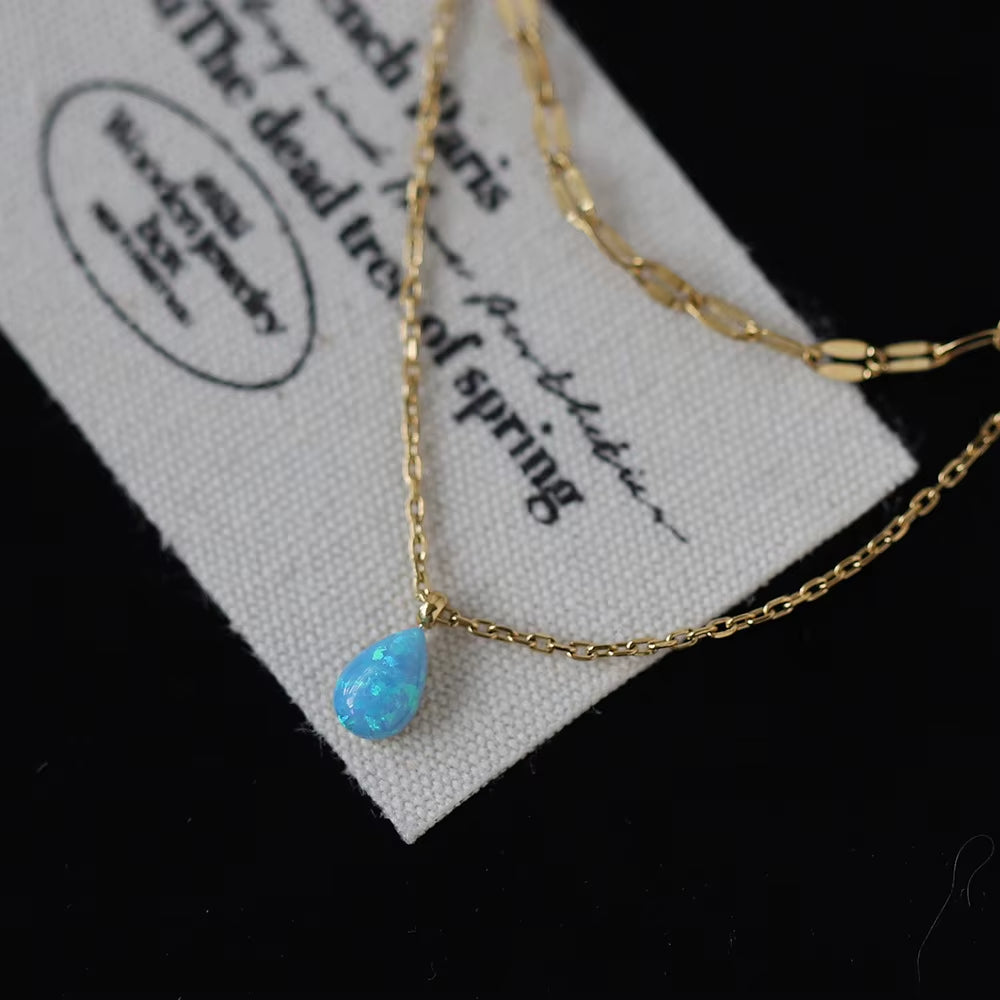 Joolim Jewelry 18K Gold Plated Blue Teardrop Artificial Stone Pendant Double-Layer Necklace Trendy Stainless Steel Jewelry