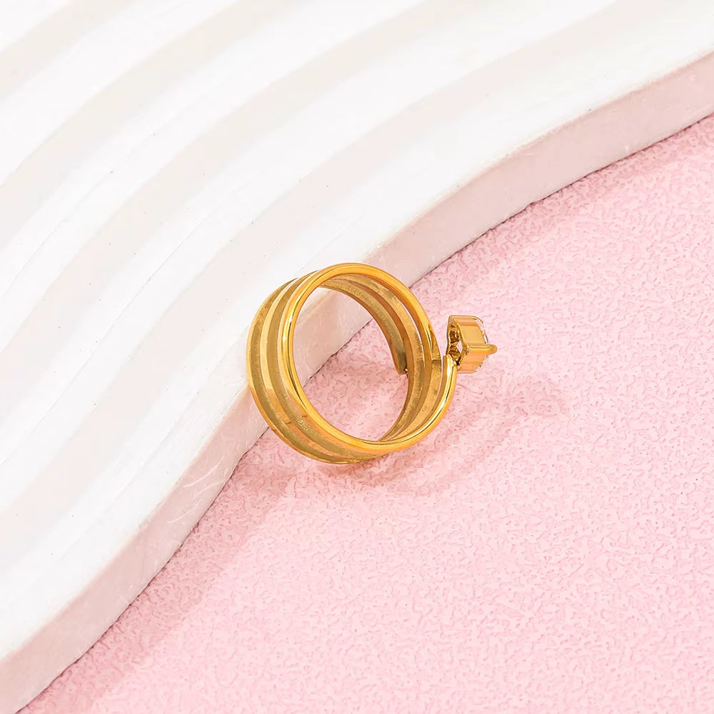 Joolim Jewelry Wholesale 18K Gold Plated Treble Spiral Stainless Steel Spring Wire Heart Zircon Ring Women'S Gift